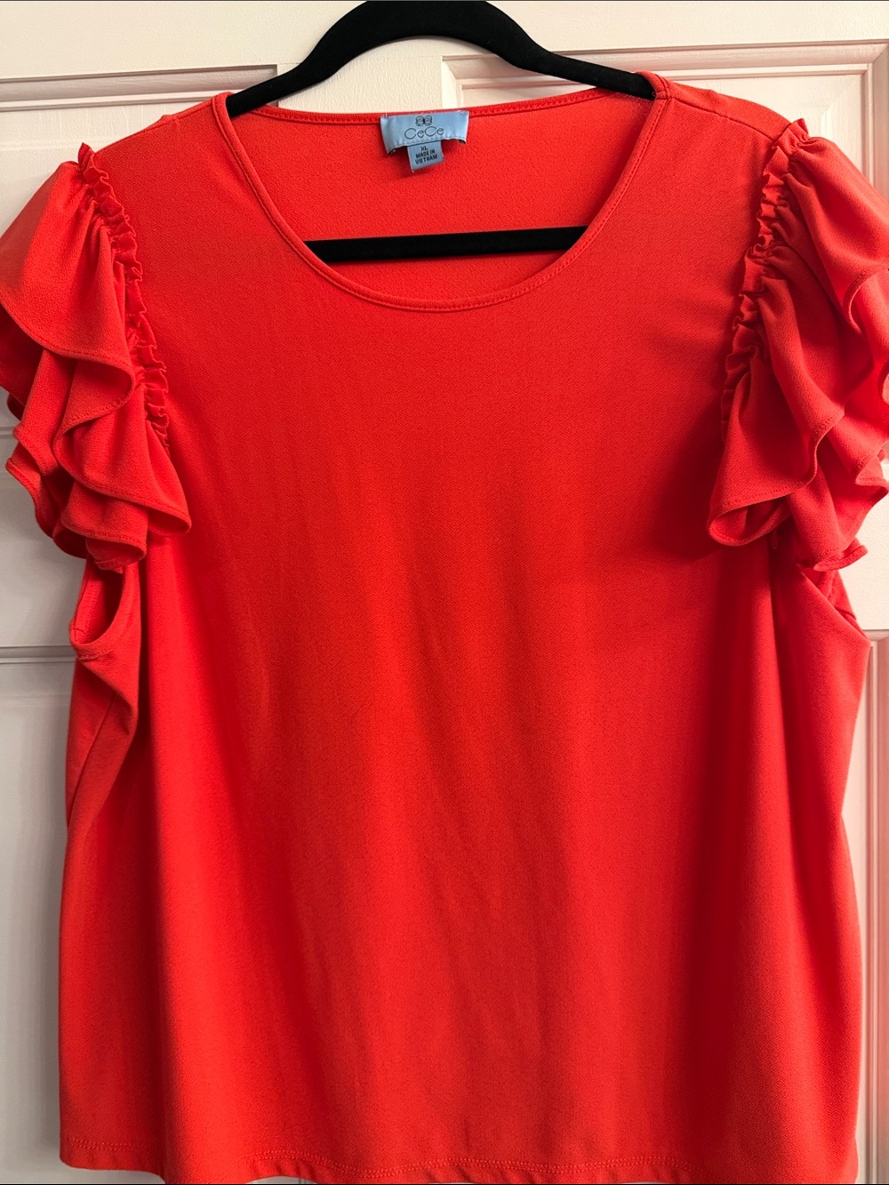 CeCe Coral-Red Ruffle Sleeve Scoop Neck Blouse